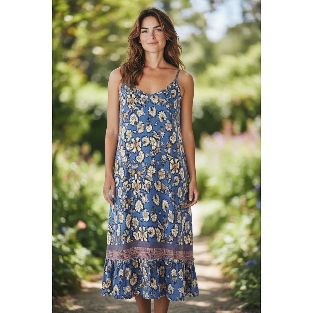 Chelsea & Violet Floral Boho Ruffle Hem Slip Dress Blue Yellow Summer Size Large - Picture 13 of 14